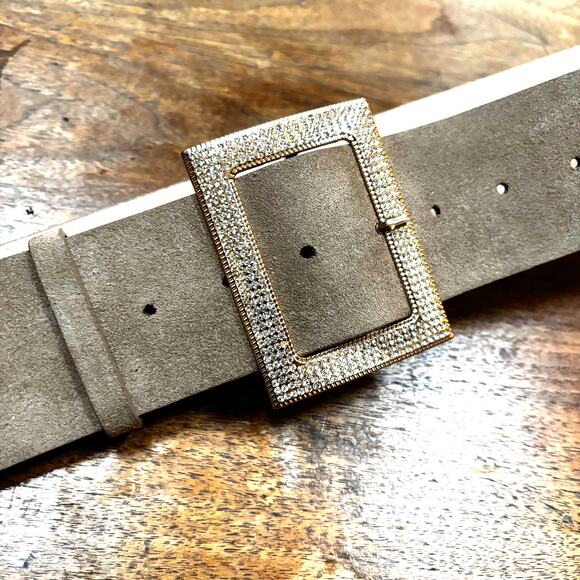 Wide ladies faux suede fashion belt rose gold buckle & clear white rhinestones - Picture 5 of 6